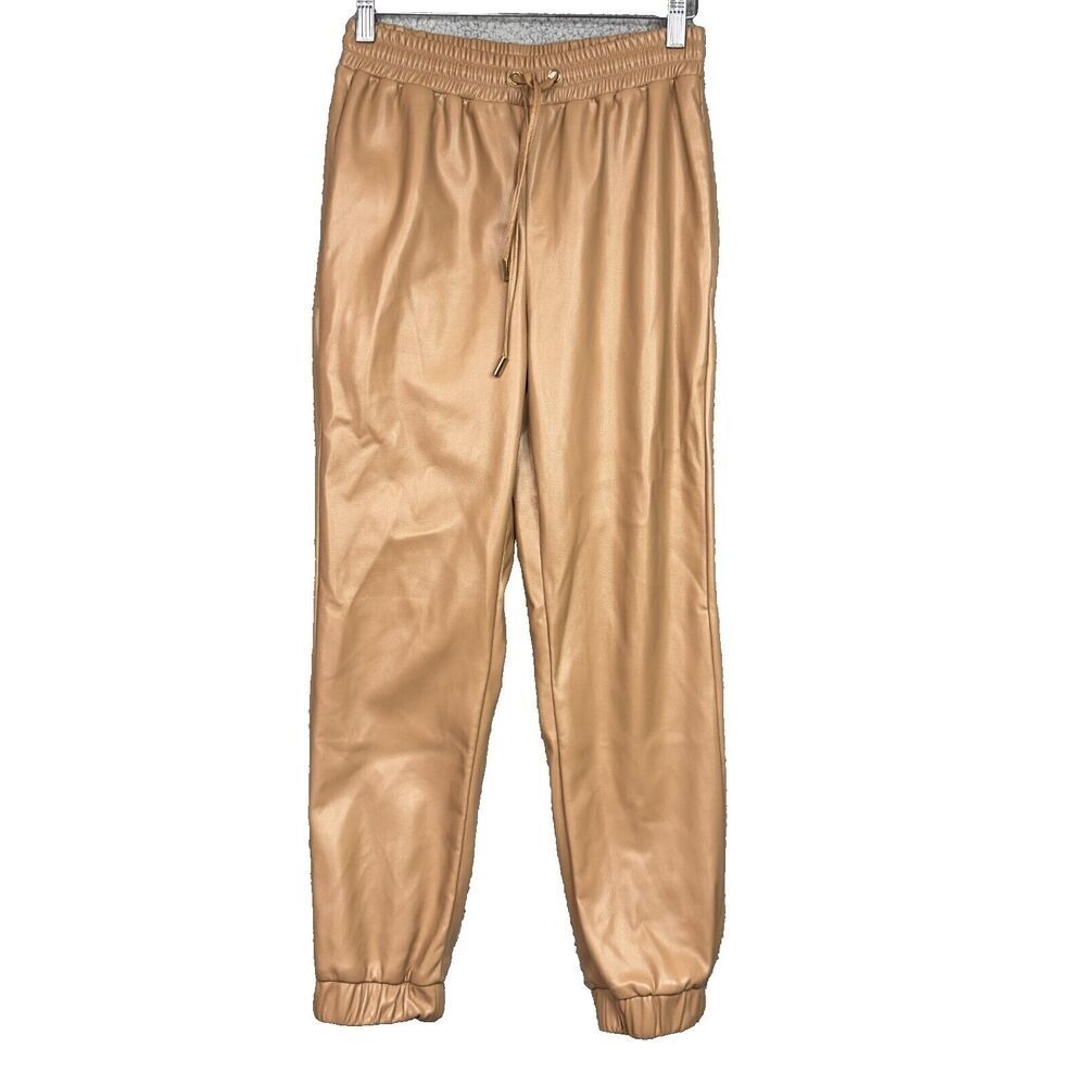 Bishop + Young Womens Jogger Pants Small Tan Vegan Leather Pull On Faux Leather